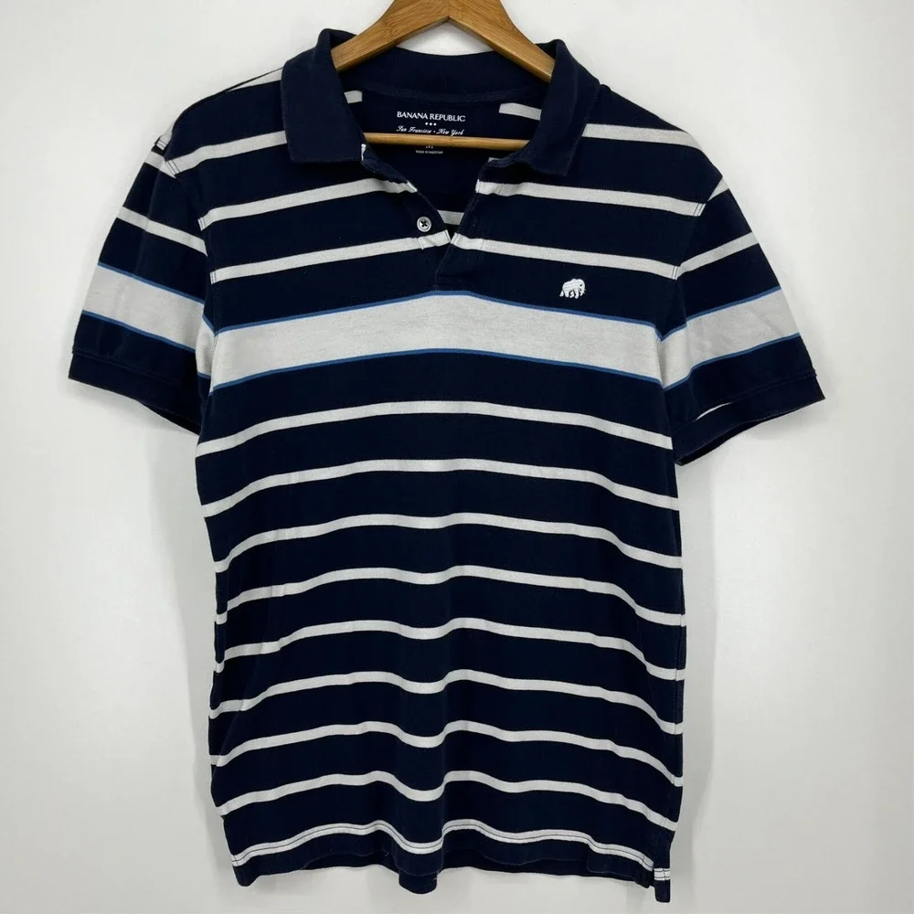 Banana Republic Mens Navy White Striped Elephant Logo Cotton Pique Polo Shirt M